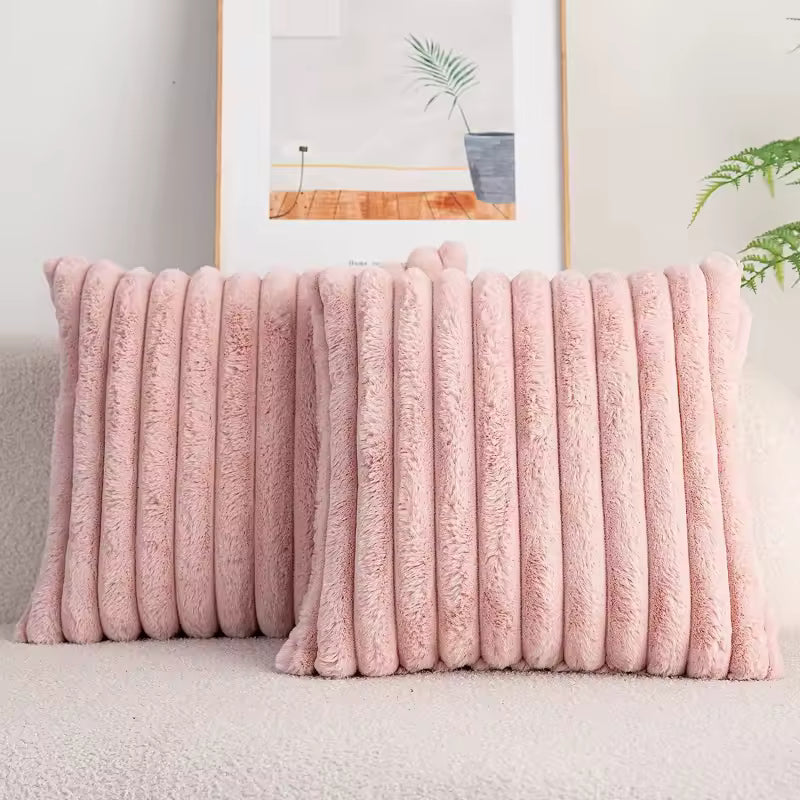 Faux Rabbit Fur Striped Cushion Cover